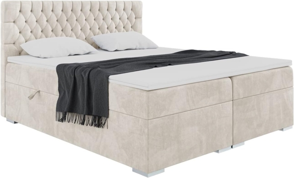 MEBLINI Boxspringbett DALIA 180x200 cm mit Bettkasten - H4/Creme Samt Polsterbett - Doppelbett mit Topper & Taschenfederkern-Matratze