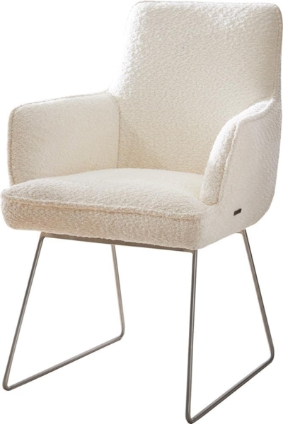 Esszimmerstuhl Heira-Flex mit Armlehnen Bouclé Weiß Kufengestell Edelstahl Taschenfederkern