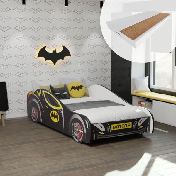 Kids Collective Autobett 70x140, 80x160 cm Kinderbett Jugendbett mit Rausfallschutz (Spielbett Batman Batmobil Bat Car Auto), Bett in schwarz Kinderbett 70x140 cm mit Matratze