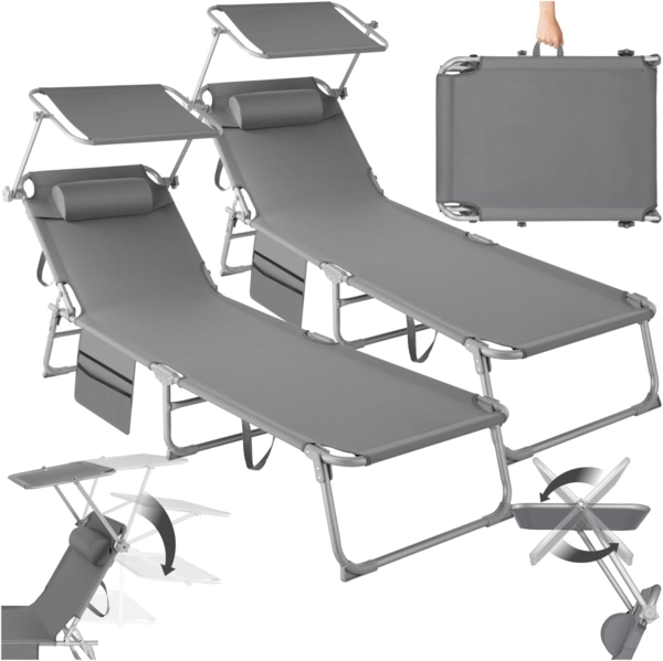 tectake® 2er Set Sonnenliege klappbar und tragbar, Liege mit Seitentasche, Strandliege, Gartenliege mit Dach, Liegestuhl mit Verstellbarer Rückenlehne, Kopfkissen - für Balkon, Terrasse (grau)