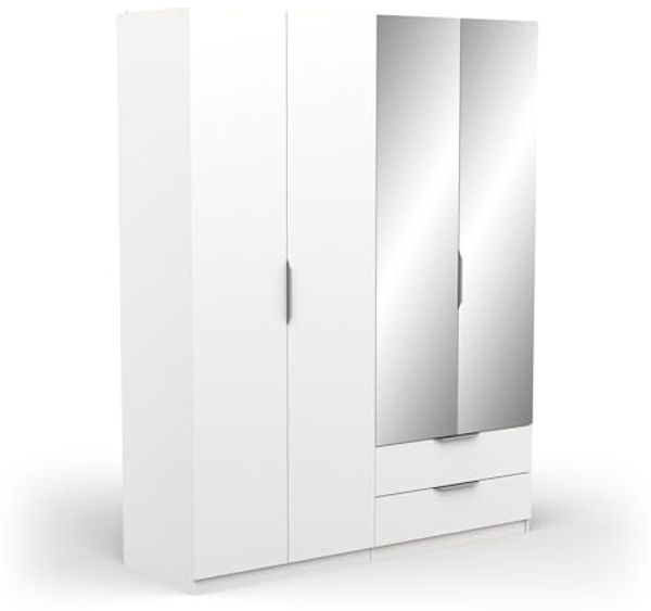 Demeyere Moderner Spiegel & Kleiderschrank 4 Türen 5 Einlegeböden 2 Schubladen – Farbe Weiß matt – 157,3 x 51,1 x 203 cm, Holzwerkstoff