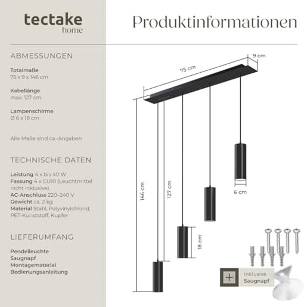 tectake Deckenleuchten Pendelleuchte, 4-flammig, 40 W, Industrial-Style, 75 x 9 x 146 cm, 4x GU10, längenverstellbare Kabel, inkl. Saugnapf und Montagematerial Bild 6