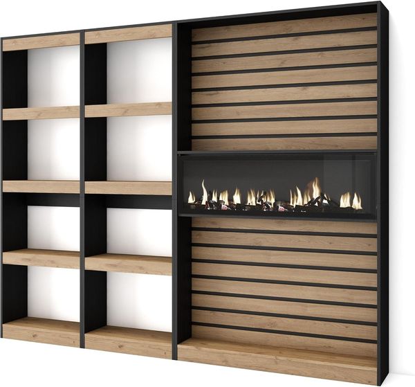 Skraut Home | Bücherregal Bibliothek | Bookshelf, Bookcase | 230 x 186 x 25 cm | Wohnzimmer, Esszimmer, Büro | Elektrokamin | Moderner Stil | Eiche Schwarz