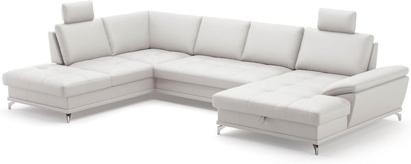 Cavadore Wohnlandschaft Castiel mit Federkern / Sofalandschaft mit großem Longchair, Sitztiefenverstellung, Kopfstützen und satinierten Metallfüßen / 363x89-104x223 / Echtleder, Weiß