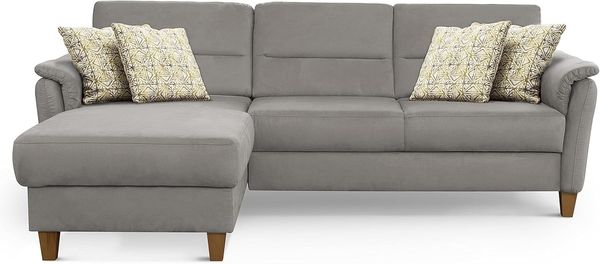 CAVADORE Schlafsofa Palera / L-Form Polstersofa mit Federkern, Schlaffunktion und Bettkasten / 244 x 89 x 163 / Mikrofaser, Hellgrau