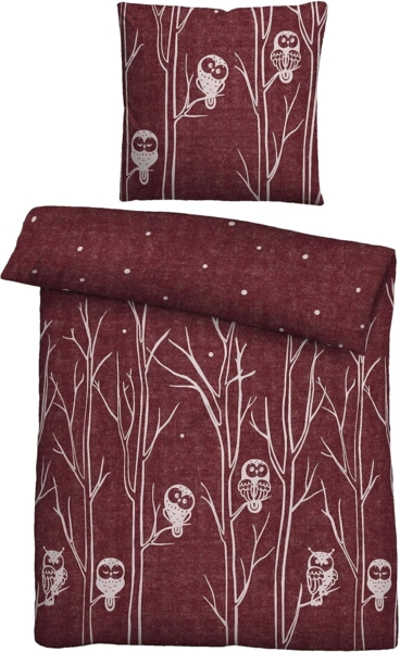 biberna Melange-Flanell Bettwäsche EULE, burgund, 1x 155x200 cm + 1x 80x80 cm