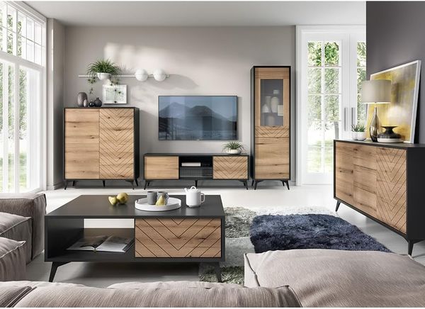 Lomadox Wohnzimmer-Set DALE-160, (Mega-Spar-Set, 5-St, 5-tlg), Wohnwand Wohnzimmerschränke Couchtisch schwarz mit Eiche