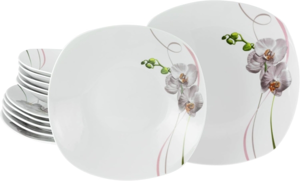 CreaTable Tafelservice Square Orchidee Tafelservice 12-tlg (12-tlg), 6 Personen, Porzellan