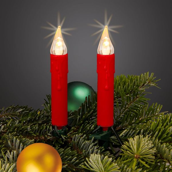 hellum Lichterkette LED Kerzen rot, Lichterkette innen mit 20 LEDs warmweiß, Kabel grün, 5,7m beleuchtet + 2x1,5 m Zuleitung, Kerzen, Weihnachtsbaum, Hellgkeit