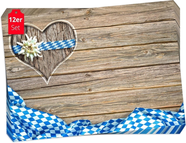 Tischsetmacher Platzset Tischsets, Platzsets - Bayern Herz mit Edelweiß, (aus Naturpapier in Aufbewahrungsmappe, 12-St, 44 x 32 cm weiß/blau)