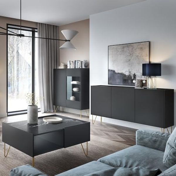 Lomadox Wohnzimmer-Set HERMOSILLO-160, (Mega-Spar-Set, 3-St, Highboard Sideboard Couchtisch), Wohnwand Wohnmöbel, graphit, Oberboden Marmoroptik, goldene Füße