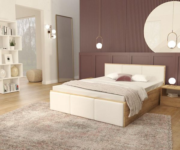 FDM Polsterbett mit Lattenrost Doppelbett 120x200, 140x200, 160x200, 180x200 (Bettrahmen mit Bettkasten für viel Stauraum, in Grau,Weiß oder Eiche Braun, ideal für Paare), Metallrahmen mit hydraulischer Klappfunktion