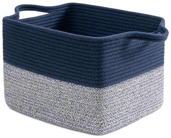 TIMEYARD Aufbewahrungskorb, Wäschekorb Klein, Korb Geflochten, Wäschekorb mit Henkel, Aufbewahrungskorb Kinder, Wohnzimmer Deko Modern Baumwollseilkorb für Baby Spielzeug, 1 Stück, 33 x 25 x 23 cm, Blau