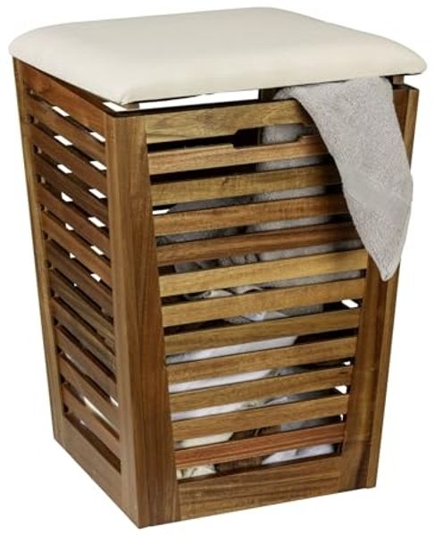 WENKO Wäschetruhe Fondi, Wäschetruhe, auch als Sitzhocker nutzbar, Akazienholz, 55 l