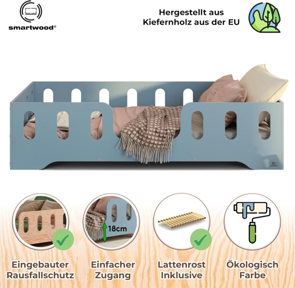 smartwood Kinderbett Bodenbett 120x200 mit Rausfallschutz & Lattenrost - Blau - Kinder Montessori Bett TILA 2 mit glatten Kanten - Betten für schnelle Montage - Bis 300 kg belastbar Bild 3