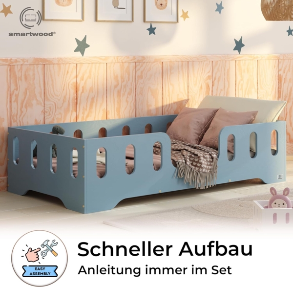 smartwood Kinderbett Bodenbett 120x200 mit Rausfallschutz & Lattenrost - Blau - Kinder Montessori Bett TILA 2 mit glatten Kanten - Betten für schnelle Montage - Bis 300 kg belastbar Bild 4