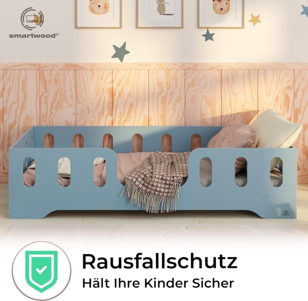 smartwood Kinderbett Bodenbett 120x200 mit Rausfallschutz & Lattenrost - Blau - Kinder Montessori Bett TILA 2 mit glatten Kanten - Betten für schnelle Montage - Bis 300 kg belastbar Bild 6