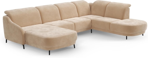 CAVADORE Wohnlandschaft Blue, Sofalandschaft mit Longchair im modernen Design, inkl. kopfteilverstellung, Vorziehsitz motorisch, Klapptisch, mattschwarzen Metallfüßen, Mikrofaser, Hellbraun