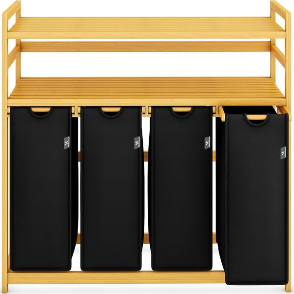 AdelDream Wäschekorb 200L Wäschesortierer mit Regalen 4 Fächer 2 Ablagen Wäschebox Bambus Bild 7