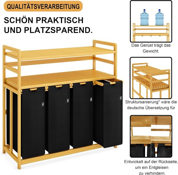 AdelDream Wäschekorb 200L Wäschesortierer mit Regalen 4 Fächer 2 Ablagen Wäschebox Bambus Bild 4