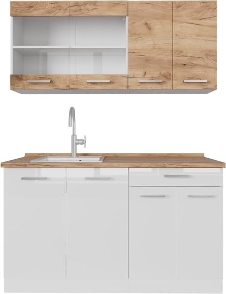 Küchenzeile R-Line Goldkraft Eiche/Weiß 140 cm zweifarbige Schränke, AP Eiche Vicco