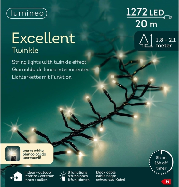 Lumineo LED-Lichterkette Lumineo Lichterkette EXCELLENT TWINKLE 1272 LED 20m warm weiß, schwarz, Indoor/Outdoor, 8 Effekte, 8h-Timer, + 5 Meter Zuleitung