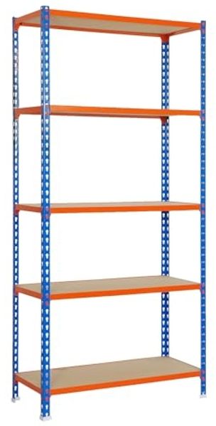 SimonRack Schwerlastregal, Lagerregal, 200 x 110 x 40 cm, Metallregal, Kellerregal, Biegestelle 200 kg, 5 Holzfachböden, Blau/Holz - Maderclick