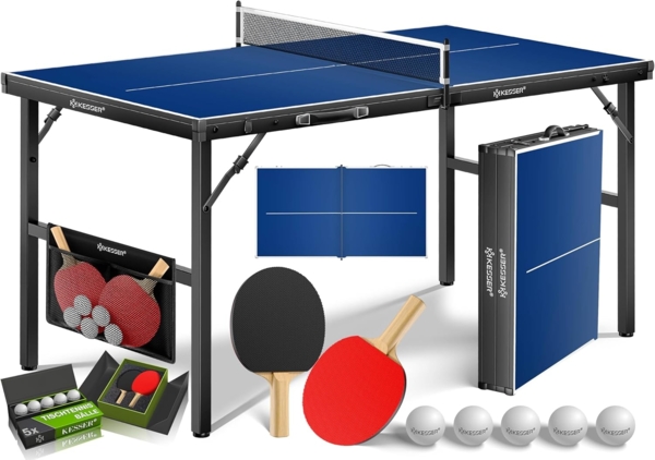 KESSER® Tischtennisplatte Mini mit Tischtennisschläger-Set, Tischtennisbällen und TT-Netz | Indoor | Unterwegs, laminierte Platte + klappbar – Kofferdesign, Kinder und Erwachsene – 153 x 76,5 cm Schwarz / Blau