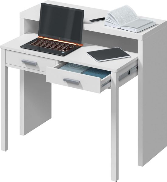 Habitdesign, ausziehbarer Schreibtisch Konsole in Artik weiß – kompakter Tisch für Büro, Flur oder Arbeitszimmer, Maße: 98,5 x 87,5 x 36–70 cm (B x H x T)