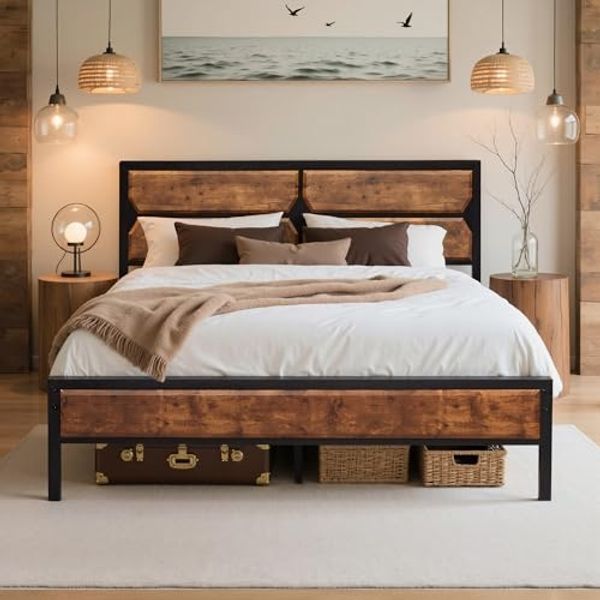VECELO Bettgestell 140x200 cm, Metallbett mit Dick Holzkopfteil und Lattenrost, Doppelbett mit Stauraum unter dem Bett, perfekt für Schlafzimmer,Vintage Braun