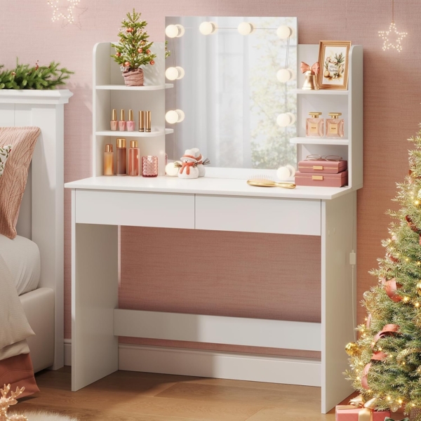 WOLTU Schminktisch Hollywood mit LED-Beleuchtung, Spiegel, 2 Schubladen und 4 offene Ablagen, Holz weiß, 90 x 135 x 40 cm