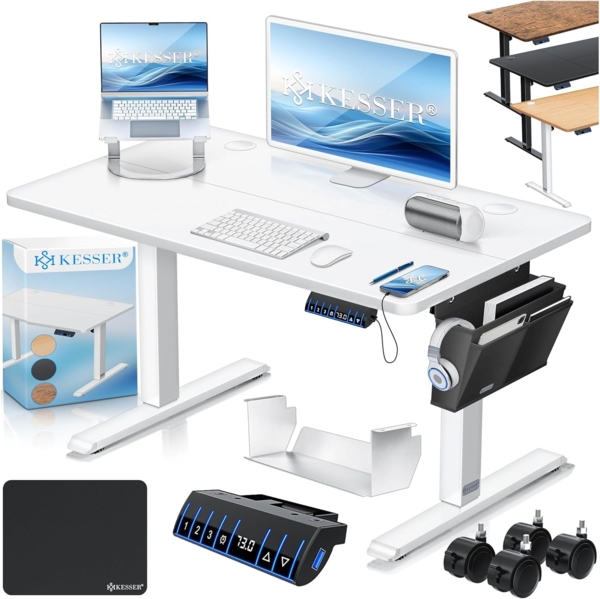 KESSER® Höhenverstellbarer Schreibtisch elektrisch | Ergonomisch Steh-Sitz Schreibtisch | 3-Funktions-Memory Steuerung | Inkl. 360° Rollen & USB-Ladeanschluss | Computertisch für Homeoffice Weiß, 100 x 60 cm