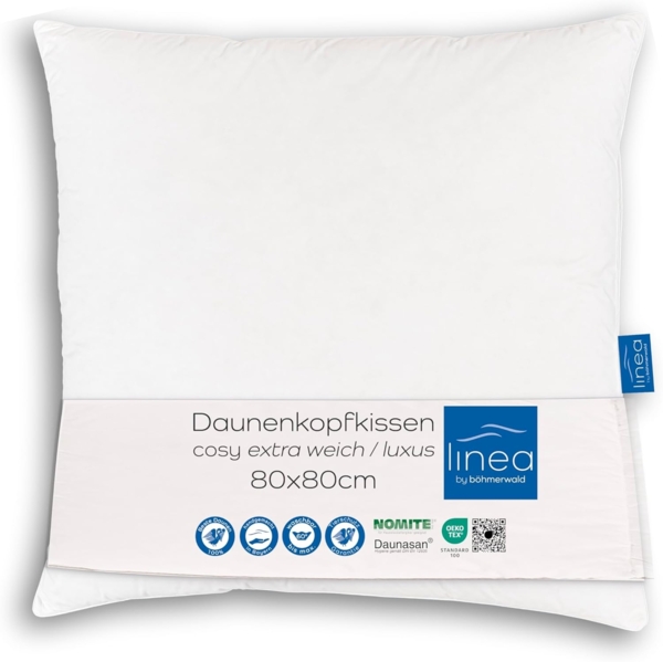 Böhmerwald Luxus Kopfkissen, 100 % Daunen, Füllgewicht: 600 g, Stützkomfort: extra weich, Weiß, 1 Stück (1er Pack) 80x80 cm