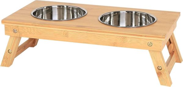 lionto Futternapf erhöht, Bambus-Futterstation mit 2 Näpfen, Edelstahl, höhenverstellbar von 14,5 cm bis 18,5 cm
