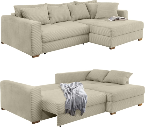 luma-home Ecksofa 15154, Dauerschläfer mit Bettkasten 288x186 cm, Federkern, Ottomane links oder rechts, Cord Beige Grau