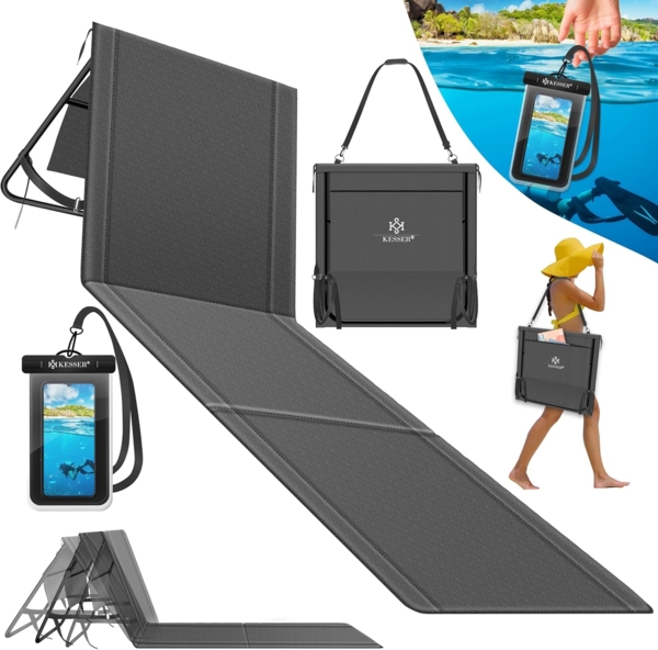 KESSER® Klappbare Strandmatte mit Verstellbarer Rückenlehne – Faltbare Strandliege mit Tragegurt, wasserdichter Tasche & Aufbewahrung – Sonnenliege für Strand, Garten & Terrasse 130 kg belastbar