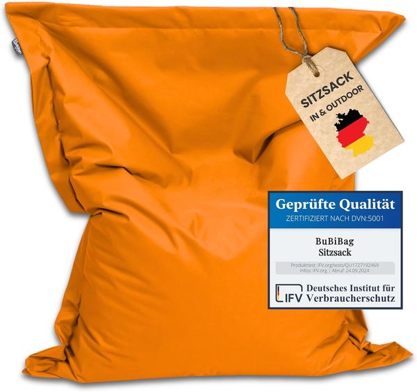 BuBiBag XXL Sitzsack, Outdoor Sitzsäcke für Kinder und Erwachsene, Bodenkissen Beanbag Fatboy wetterfest (Orange 190x145 cm)