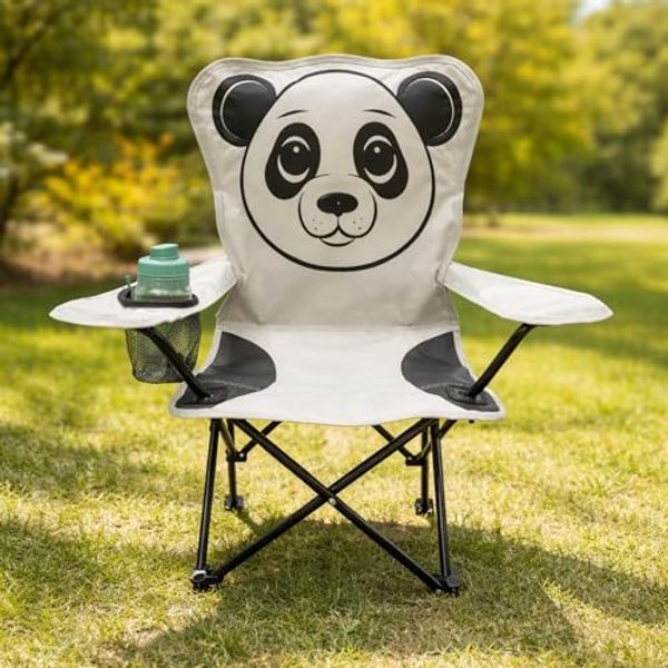 Mojawo Klappstuhl Kinder Anglersessel Hellgrau mit Getränkehalter und Tasche Motiv Panda