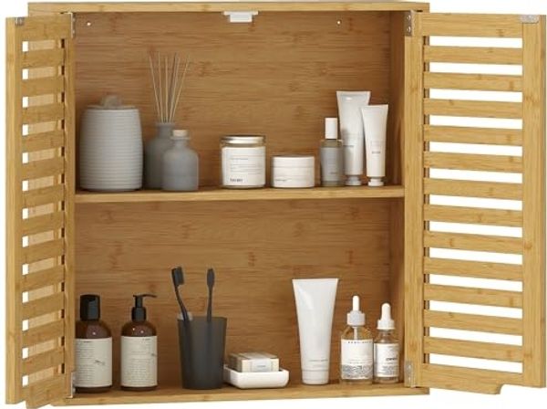 HOMCOM Hängeschrank mit atmungsaktiven Lamellentüren, verstellbarer Ablage (Wandschrank aus Bambus, 1-St, Badezimmerschrank) über der Toilette, 60 x 20 x 60 cm, Naturholz