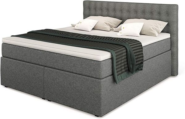 Betten Jumbo King Boxspringbett 200x200 cm mit Bettkasten 7-Zonen TFK Härtegrad H3 und Visco-Topper | Farbe Hellgrau | div. Größen verfügbar
