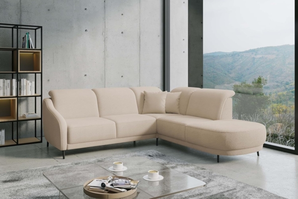CAVADORE Ecksofa Blue/Eckcouch im modernen Design, inklusiv Kopfteilverstellung, Vorziehsitz motorisch, Klapptisch, USB-Anschluss und mattschwarzen Metallfüßen / 258 x 93 x 249 / Flachgewebe, Beige Bild 2