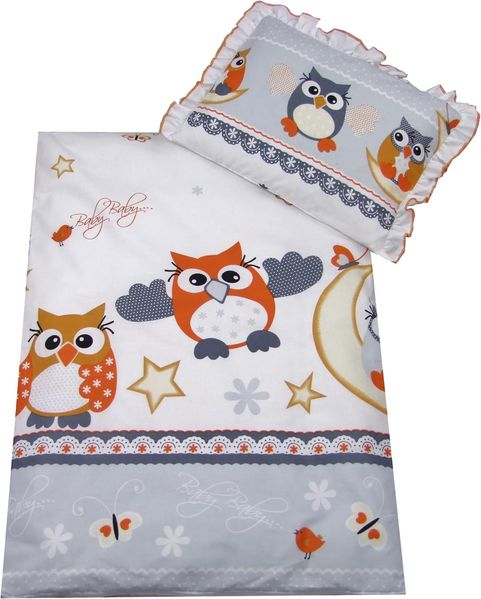 Rawstyle 4 tlg. Set Bezug für Kinderwagen *EULEN-MOTIV* Garnitur Bettwäsche Decke + Kissen + Füllung (Eulen Grau/Orange)