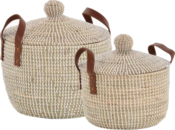 Krines Home Aufbewahrungskorb Set/2 Handgearbeiteter Seegras Dekokorb mit Deckel zur Aufbewahrung (2 St, 2er-Set), Flechtkorb Korb Natur mit weißen Wicklungen Rund Hell Natur