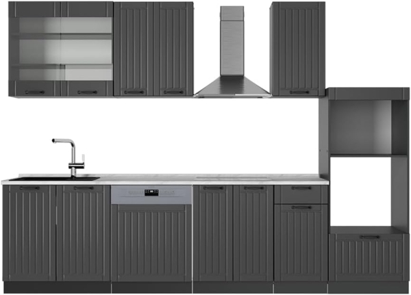 Küchenzeile Fame-Line Dunkelgrau 300 cm mit Hochschrank, AP Marmor Vicco