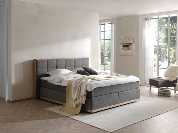 Mivano Levana Boxspringbett mit Sockel aus Eiche, 7-Zonen-Federkern, Matratzen H2/H3 + Topper Premium, Chenille, Grau, Liegefläche 200x200 cm Bild 2
