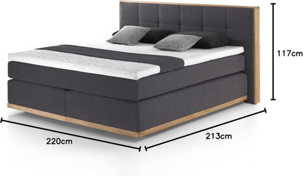 Mivano Levana Boxspringbett mit Sockel aus Eiche, 7-Zonen-Federkern, Matratzen H2/H3 + Topper Premium, Chenille, Grau, Liegefläche 200x200 cm Bild 3