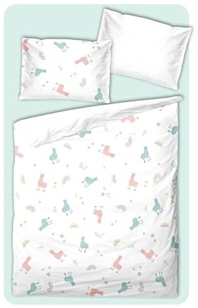 soma Babybettwäsche Perkal Baby Wende Bettwäsche 100x135 Alpaka Lama Regenbogen weiß bunt, Perkal, 2 teilig, Babybettwäsche +Spannbettlaken Baumwolle winter weihnachtsbettwäsche