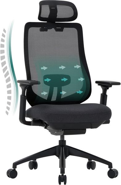 COLAMY Ergonomischer Netz-Bürostuhl, Chefsessel mit hoher Rückenlehne, Verstellbarer Kopfstütze und 4D-Armen, Schiebesitz, Kippsperre, Schwarz