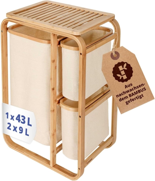 Lumaland Wäschekorb Bambus 33x49x69,5cm holzfarben/beige 3 Wäschesäcke ausziehbar