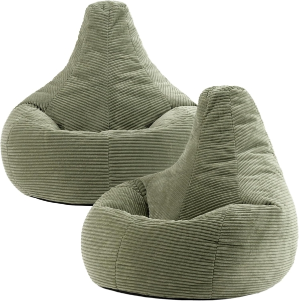 Icon Dalton Sitzsack Cord, Salbeigrün, 2er-Pack, Gaming Sitzsack Erwachsene mit Füllung, Bean Bag, Cord Sessel, Lounge Sessel, Lounge Stuhl, Schlafzimmer, Wohnzimmer, Wohnzimmer Möbel